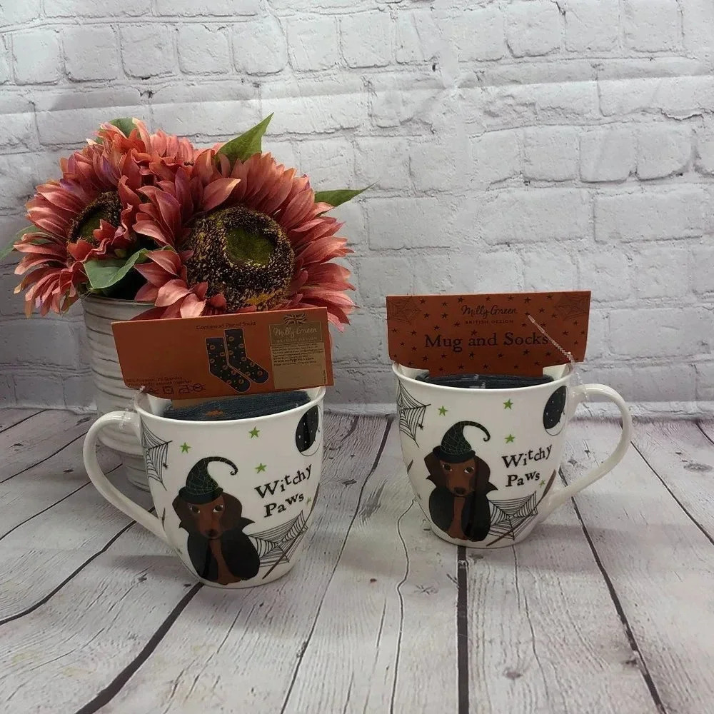 NWT Milly green dachshund witchy paws mug & sock set halloween whimsygoth spooky